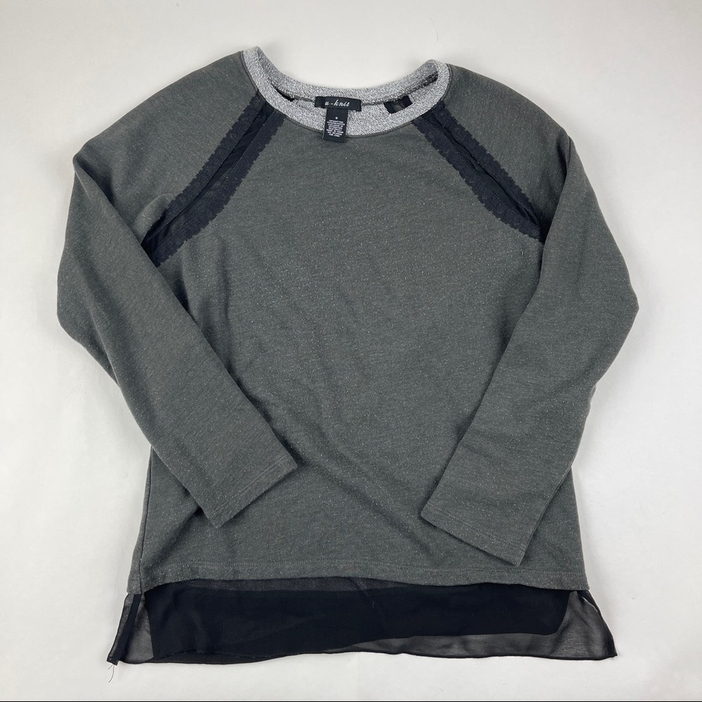 U Knit Sweater Womens Small Gray Black Sheer Accent Long Sleeve